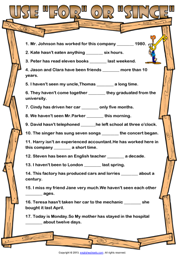 For and Since ESL Printable Worksheets and Exercises